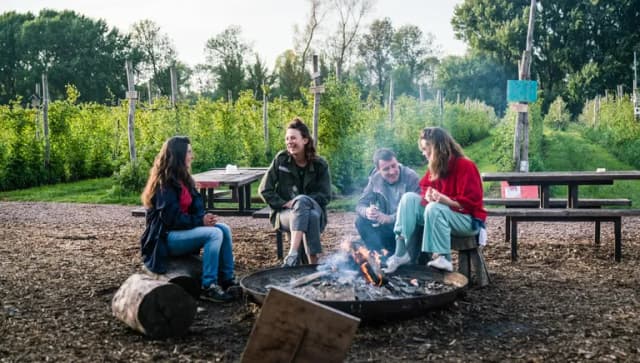 People sitting around the campfire at Fruittuin van West.