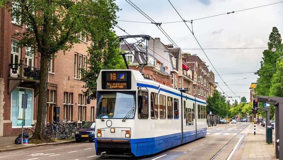 A tram driving in Amsterdam - the Netherlands