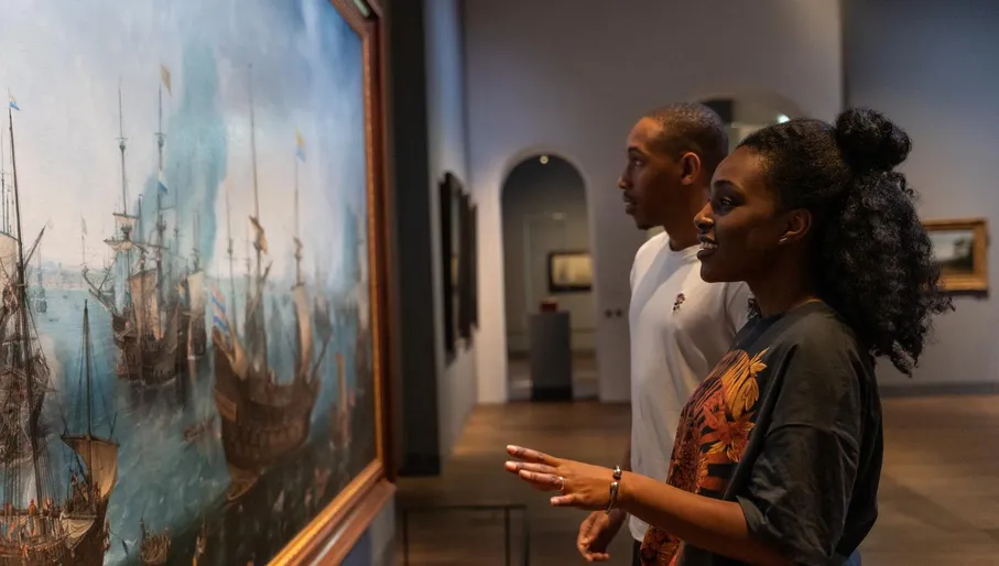 A couple visits Het Scheepvaartmuseum.