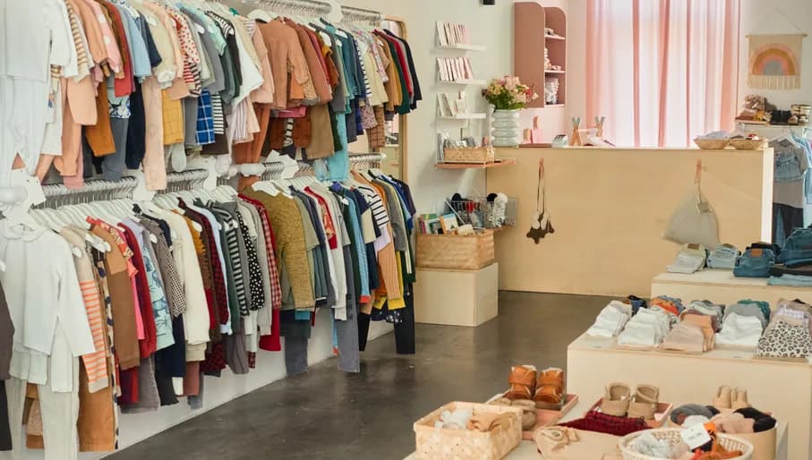Clothing and toys on display in interior of children's clothing store Ziggy + Lucy in De Pijp