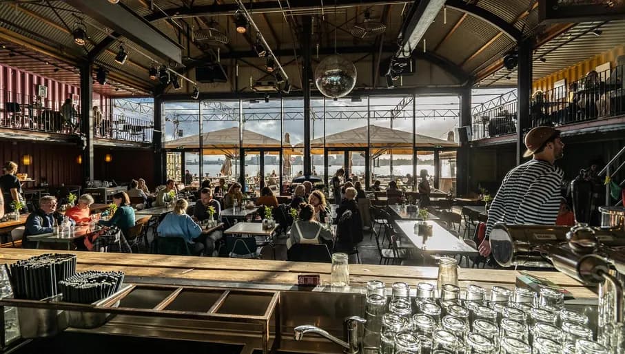 Interior overview of restaurant Pllek at NDSM.