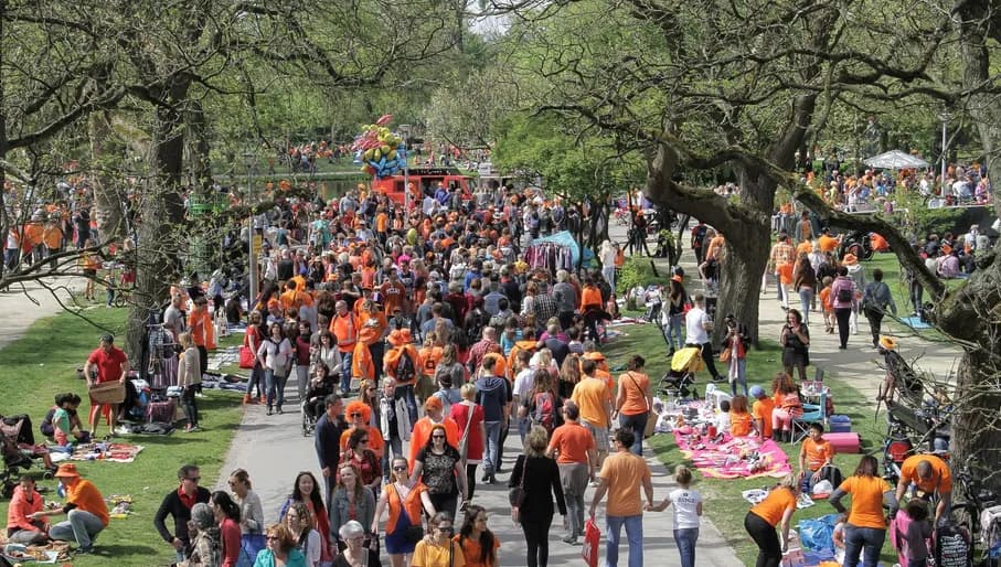 Koningsdag or King's Day is a national holiday in the Kingdom of the Netherlands. Celebrated on 27 April, the date marks the birth of King Willem-Alexander.
Celebrations: Partying, wearing orange costumes, flea markets, concerts, and traditional local gatherings.