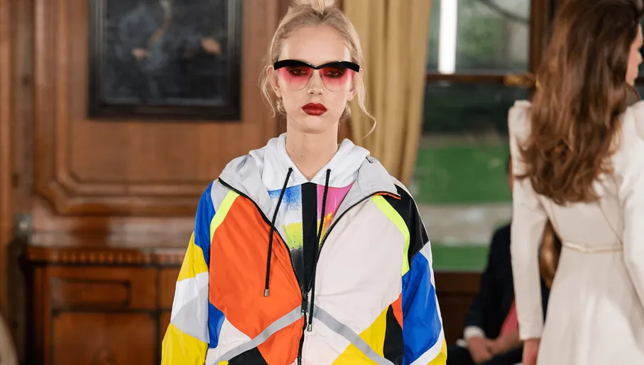 model wearing colorful sportswear jacket