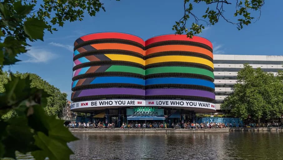 Biggest Rainbow Flag of the world on the parking garage above Waterkant at the Marnixstraat.