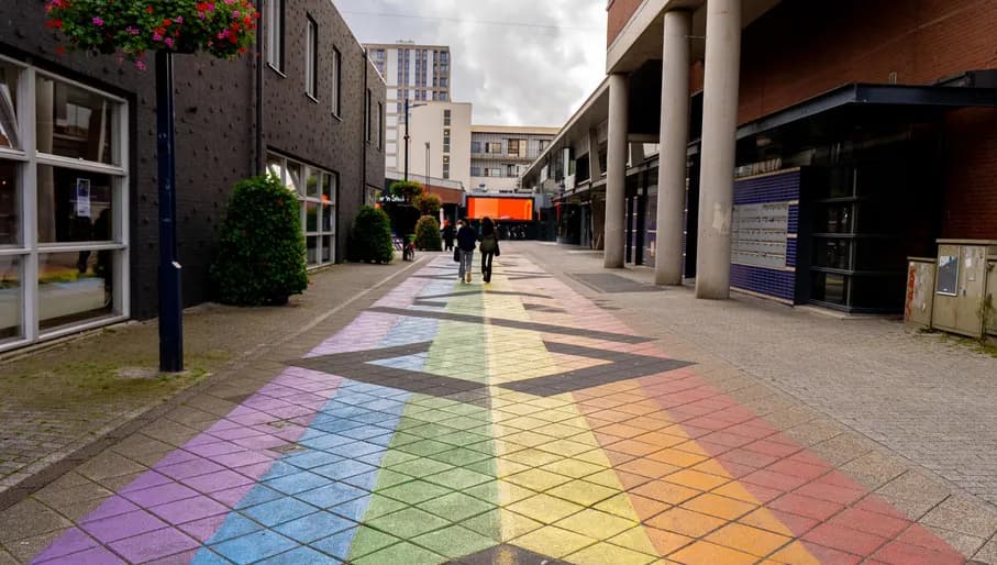 Westmarket shopping mall at Osdorpplein in Nieuw-West, food court and shops, rainbow street